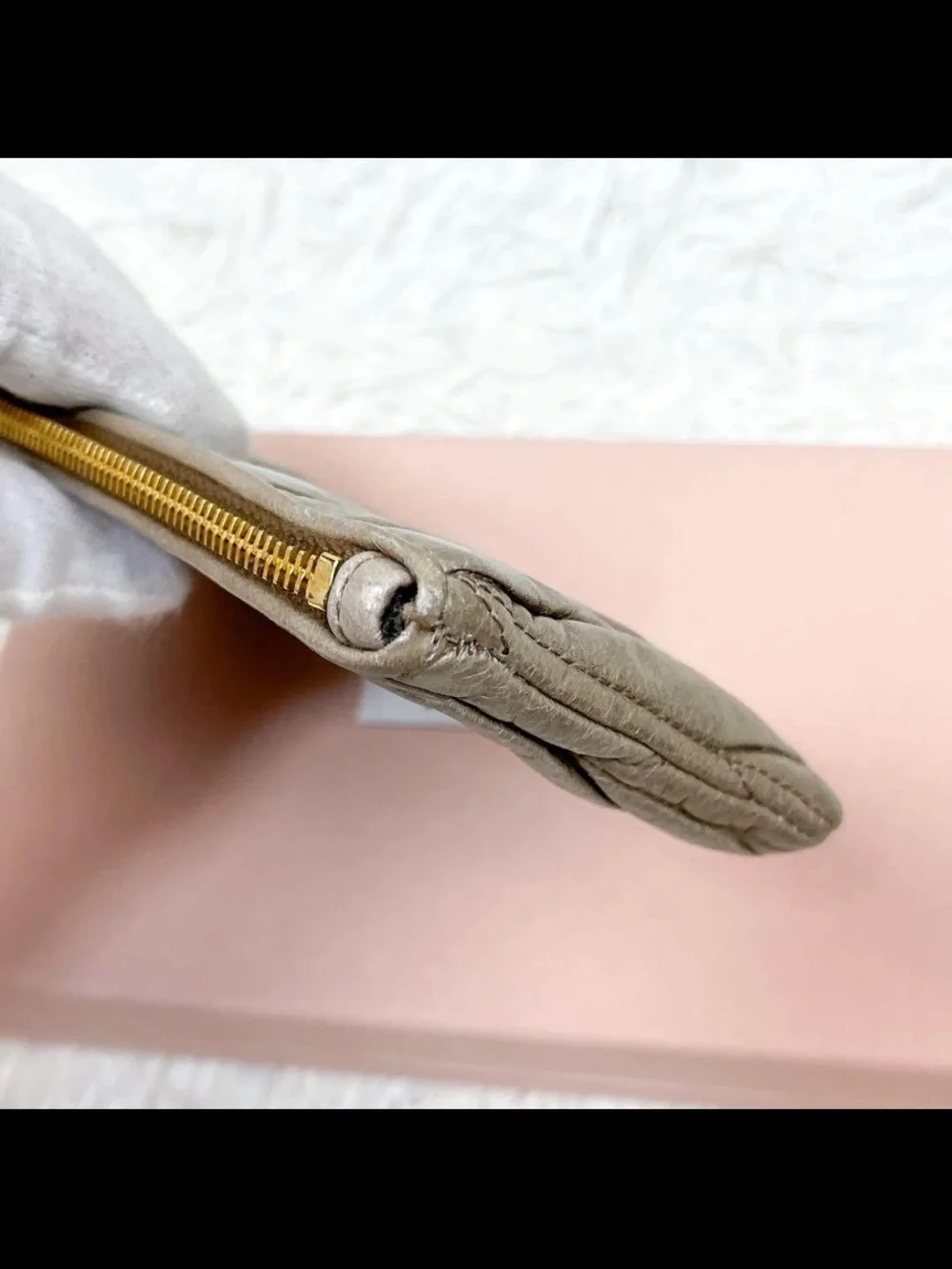 Miu Miu Metallic Taupe Matelassé Zip Wallet with Gold Logo